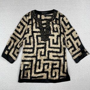 INC Shirt Womens 8 Black Gold Beaded 3/4 Sleeve Blouse Party Vacation Workwear
